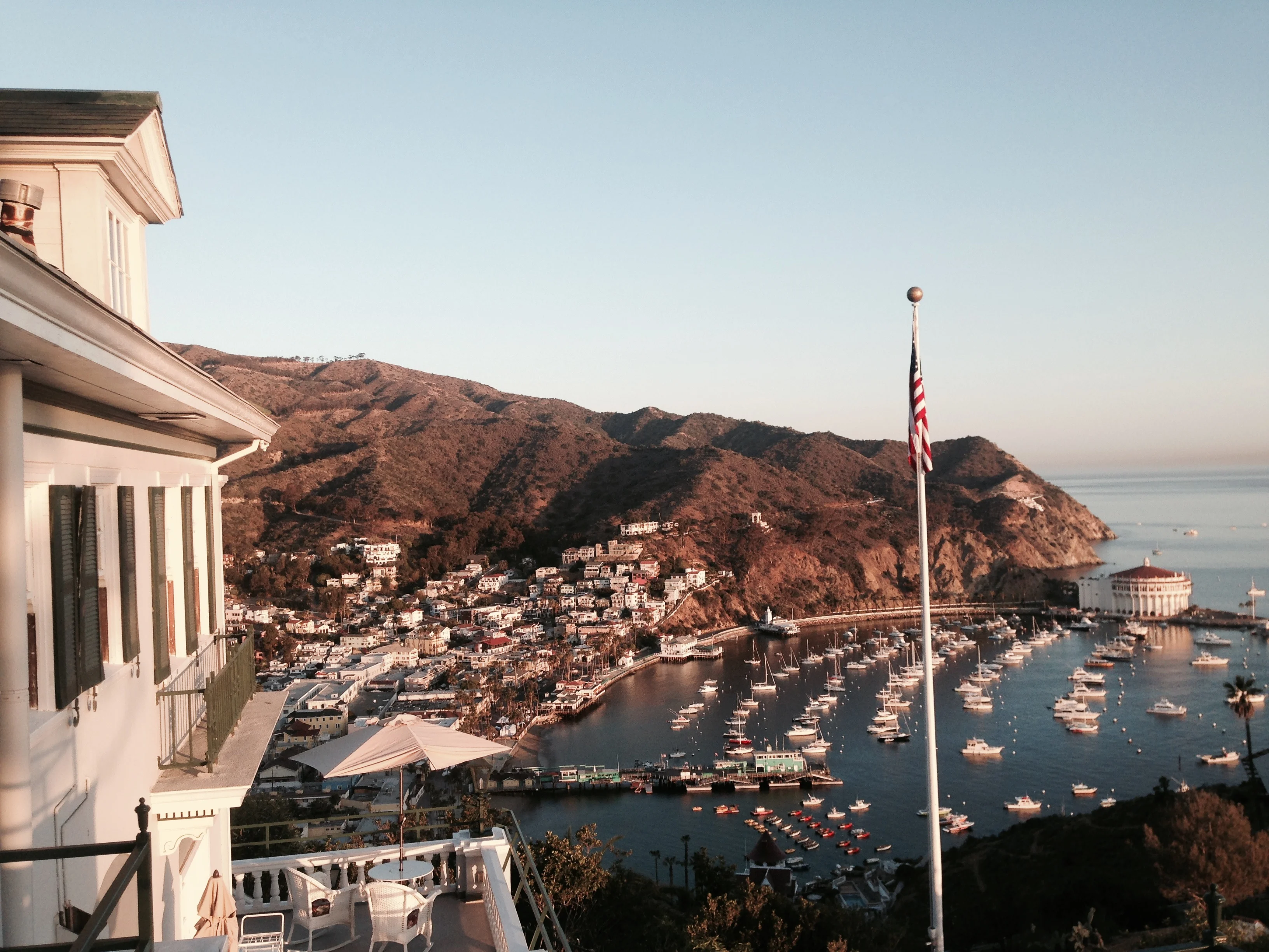 view of Avalon harbor at daybreak from Inn on Mt. Ada