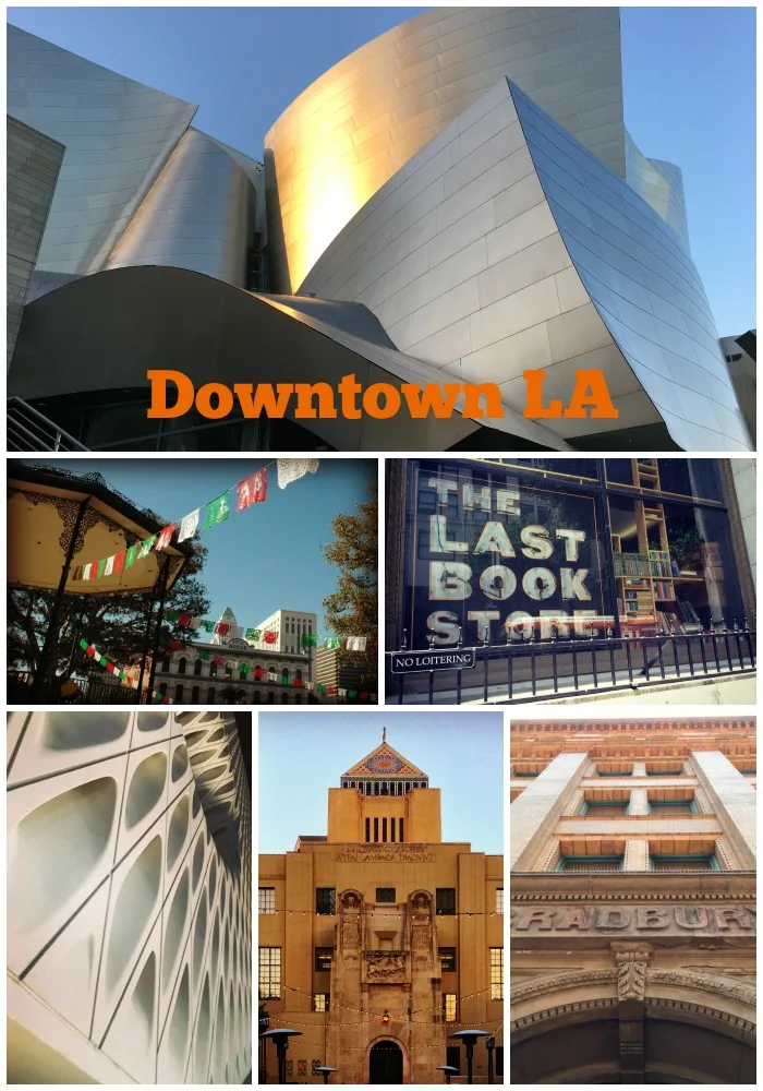 (clockwise from top) Walt Disney Concert Hall The Last Bookstore The Bradbury Building Central Library The Broad Museum Olvera Street