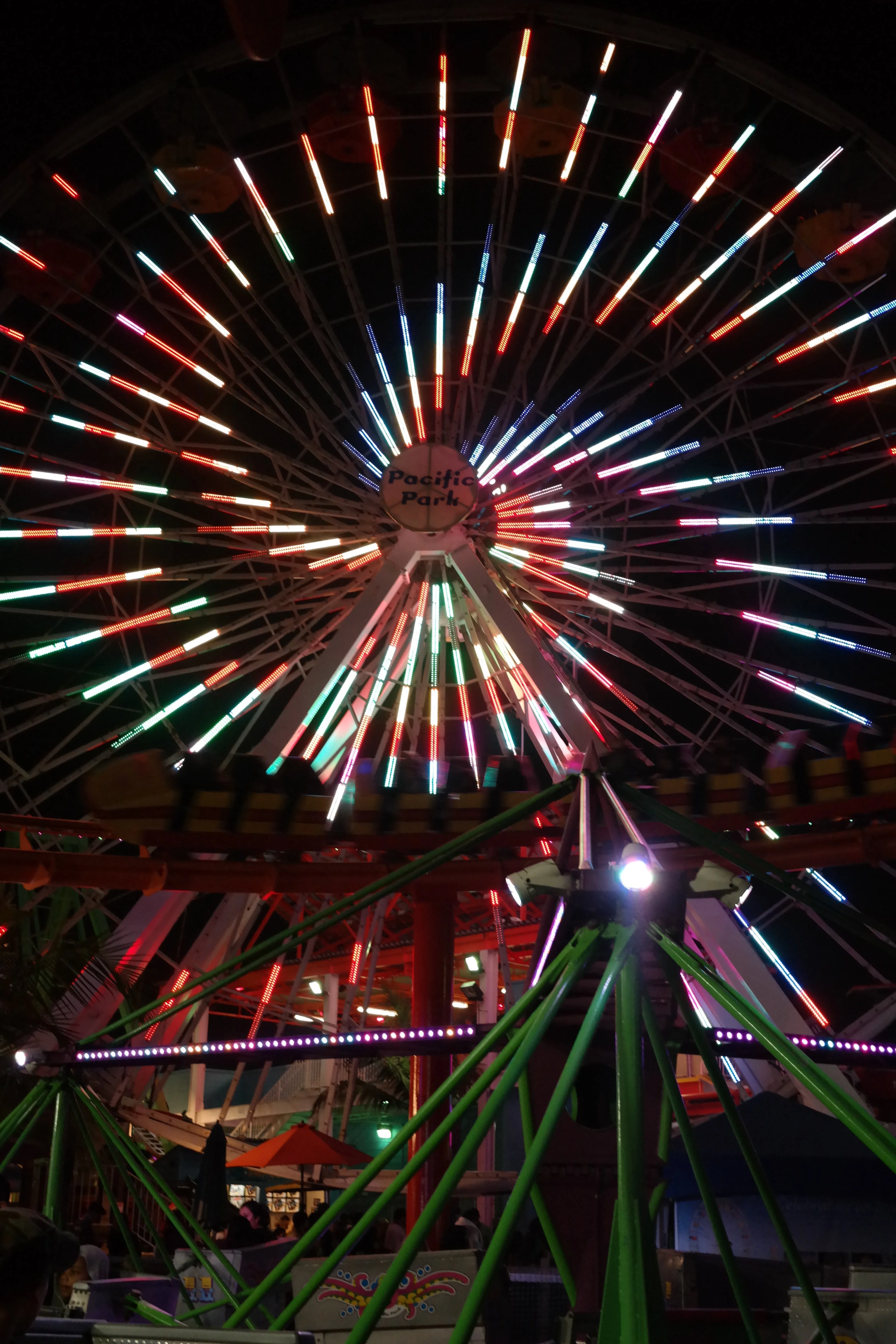 Santa Monica Pier ferris wheel lit up at night