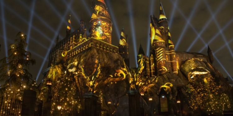 The Nighttime Lights at Hogwarts Castle Universal Studios Hollywood Yellow