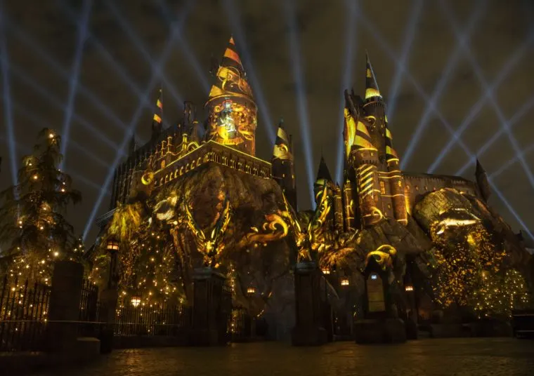 The Nighttime Lights at Hogwarts Castle Universal Studios Hollywood Yellow