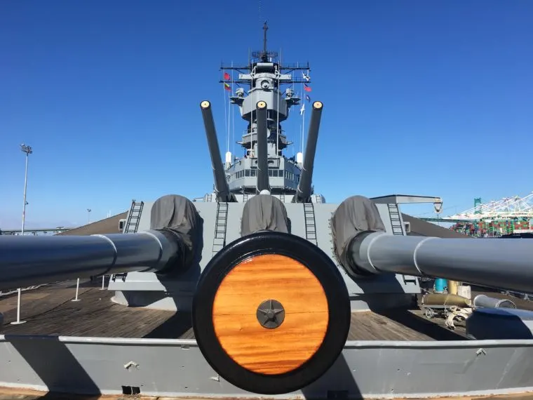 front angle close up of the guns USS Battleship Iowa Museum in San Pedro