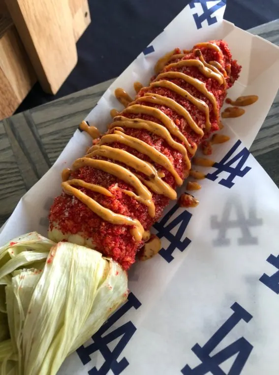 Cheet-o-lote, roasted sweet corn rolled in Flamin' hot Cheetos, at Dodger Stadium. #Gododgers #dodgers #baseball #ballparkfood #flaminhotcheetos