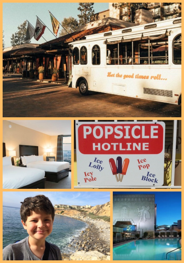 collage of a bus, hotel room, popsicle sign, child on the beach, and a pool in LA