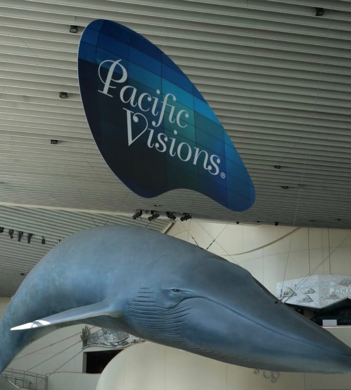 Blue Whale sculpture at the Aquarium of the Pacific + new Pacific Visions Wing sign