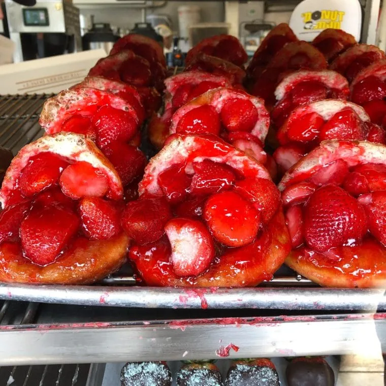Strawberry and peach donuts at The Donut Man in Glendora, California