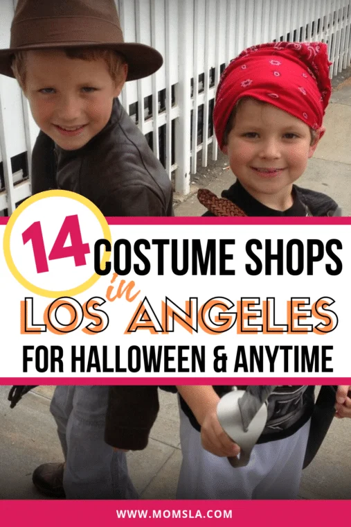 best halloween stores near me in los angeles with two young boys dressed up as Indiana Jones and a pirate