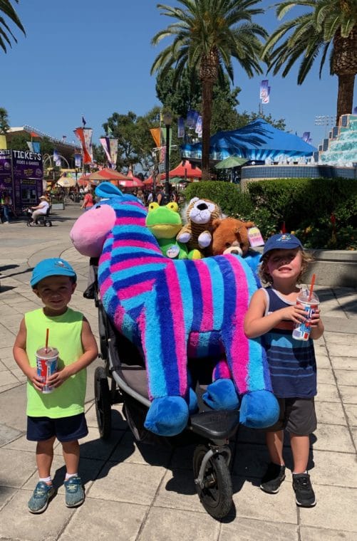 two young boys with stuffed animal prizes at 2019 LA County Fair