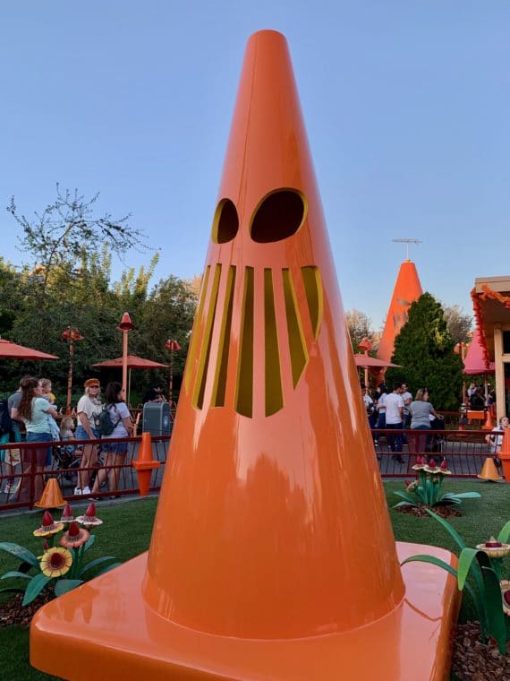 road cone jack-o'-lantern at Carsland in Disney California Adventure