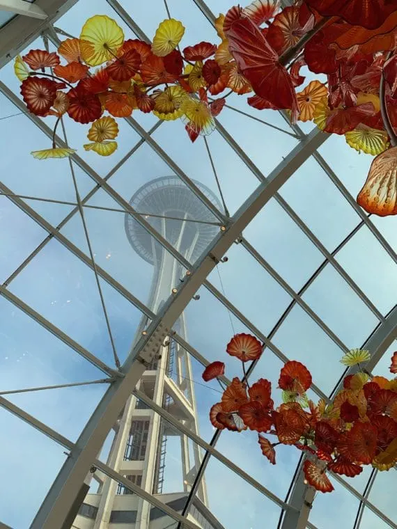 a view of the Space Needle from Chihuly Glass Museum