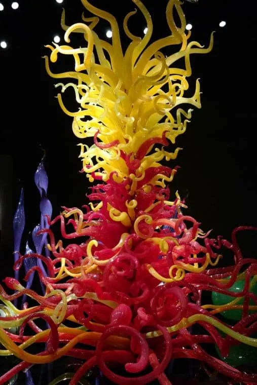 a massive red and yellow sculpture at Chihuly Garden and Glass in Seattle