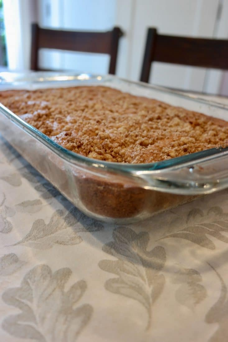 Coffee Cake fresh from the oven, showing the side of the pan