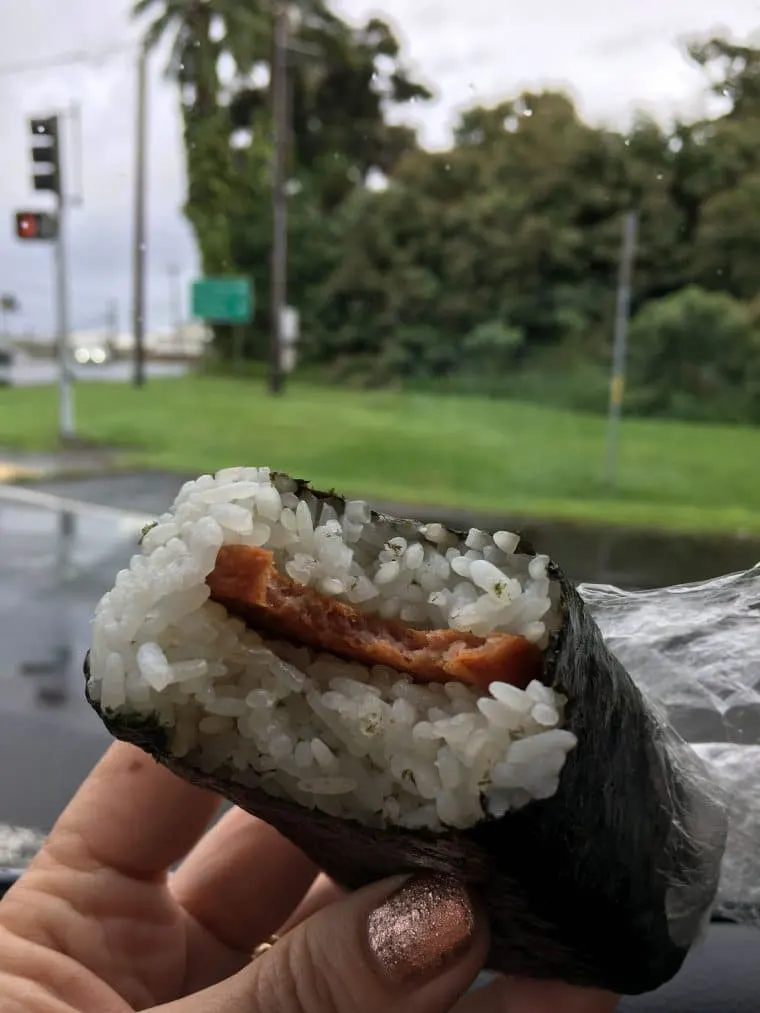 spam musubi, a food made with rice, seaweed, and spam
