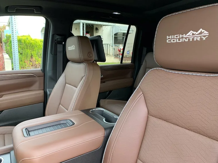 Interior of the 2021 Chevy Suburban High Country showing the embroidery on the seats