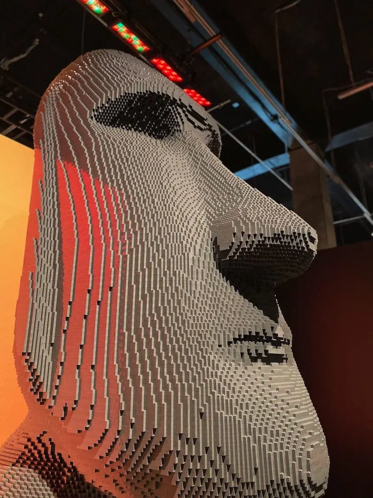 Easter Island head made of Legos on display at Art of the Brick at CA Science Center, photo by Paul Kennar