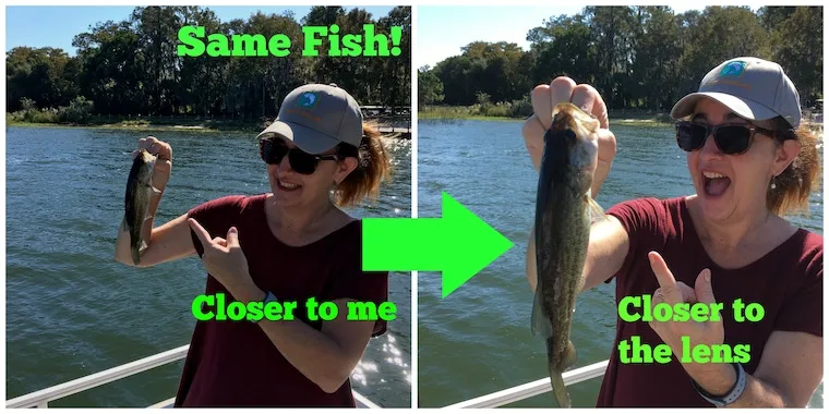 woman holding the same fish in 2 ways to make it appear larger