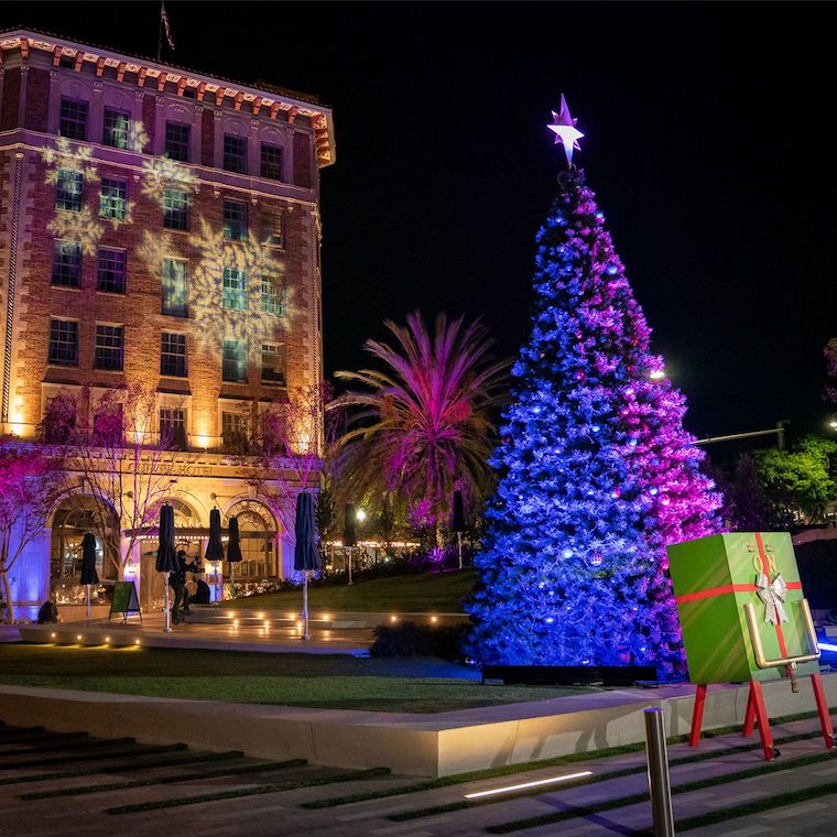 Culver City Tree Lighting tall christmas tree lit in blue and purple lights near the Culver Hotel
