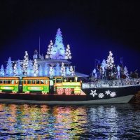yacht decorated for Christmas boat parade
