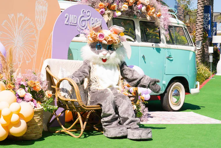 the Easter Bunny with a vintage Volkswagon bus at 2nd and PCH