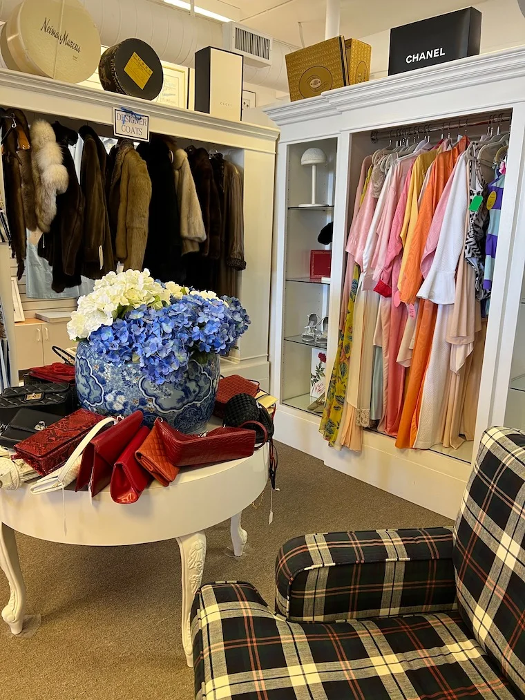 clothing and handbags displayed at the Colleagues resale store in Santa Monica