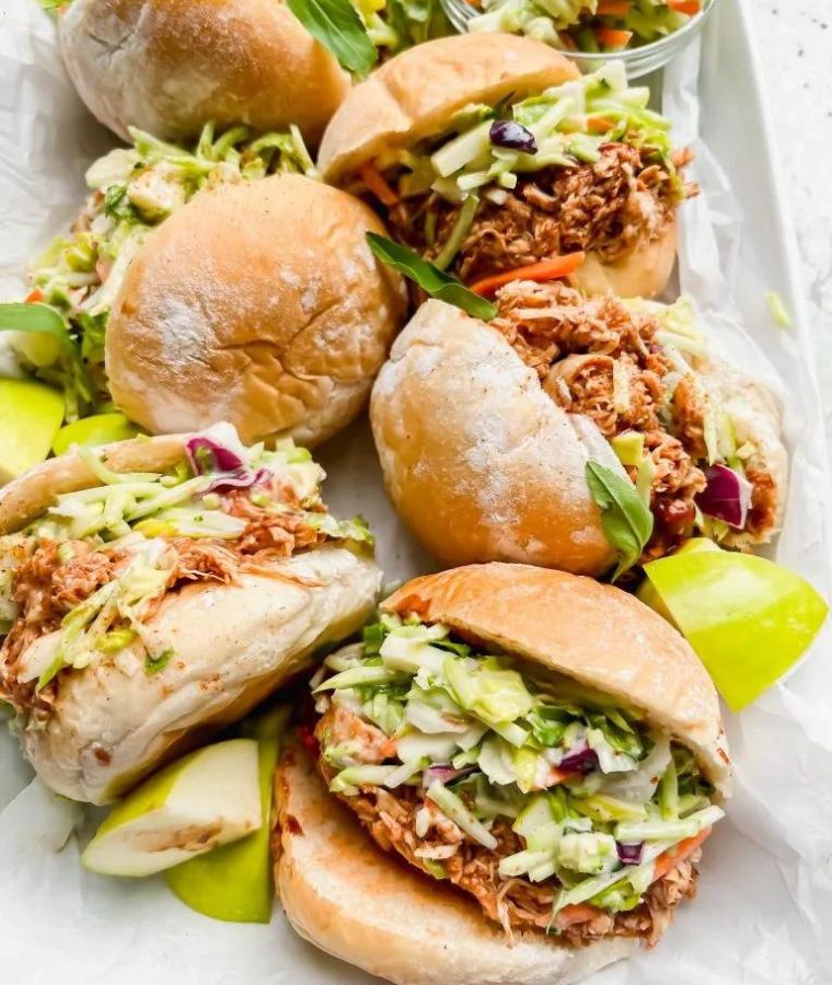 Pulled BBQ Chicken Sliders with Apple Coleslaw