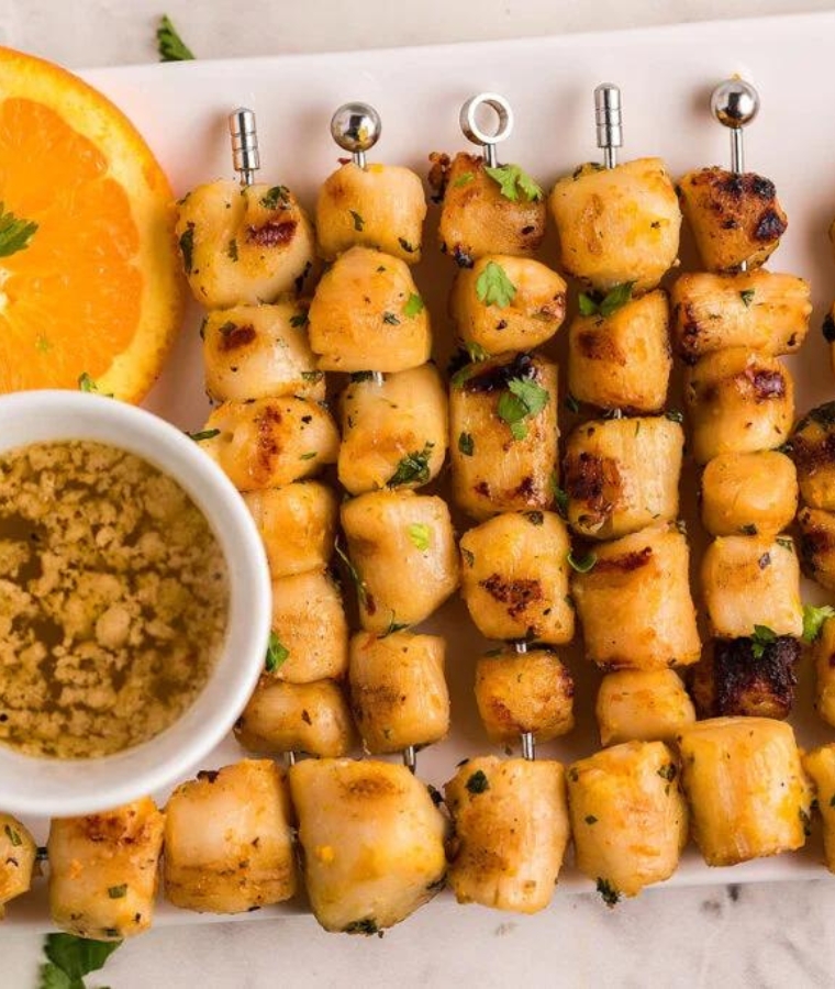 Grilled Scallop Skewers in Citrus Garlic Smoked Butter Sauce