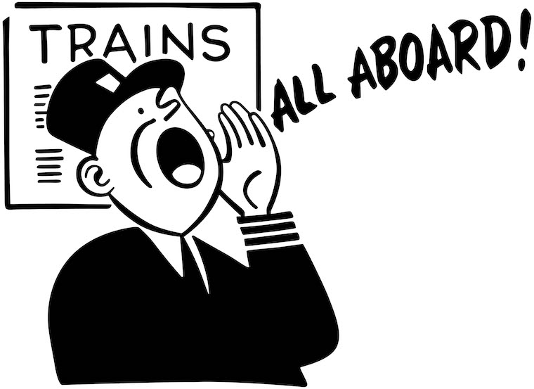 Train Conductor cartoon yelling All Aboard