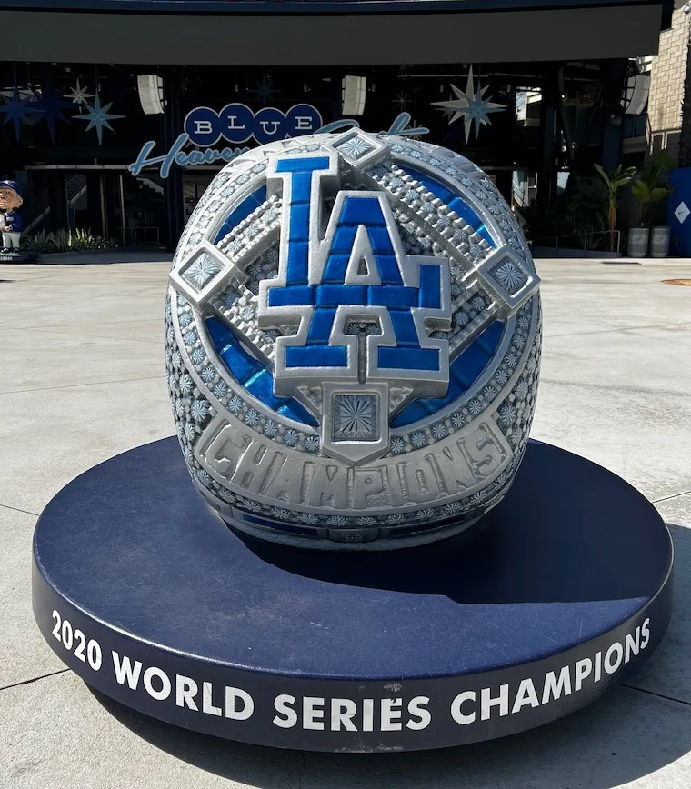 The 2020 World Series Championship ring sculpture in Outfield Plaza at Dodger Stadium