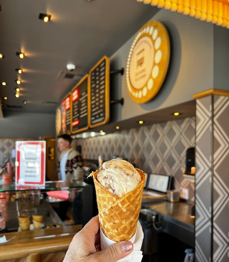 Salted Caramel ice cream in a waffle cone at Salt & Straw's newest location in Silver Lake