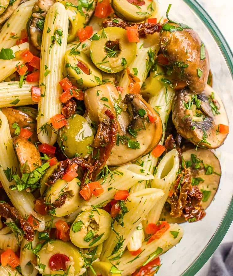 Marinated Mushroom Pasta Salad with Green Olives