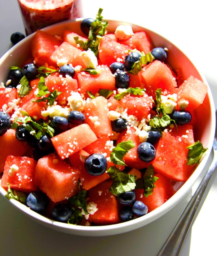 Watermelon Feta Basil Salad with Blueberry Balsamic