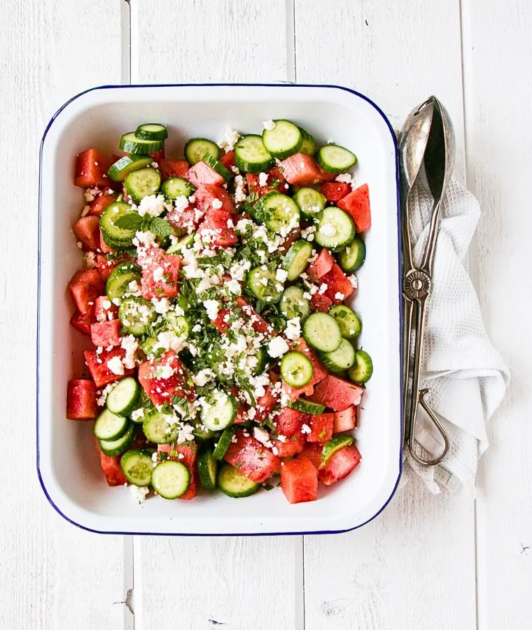 Watermelon Salad with Cucumber, Feta and Mint