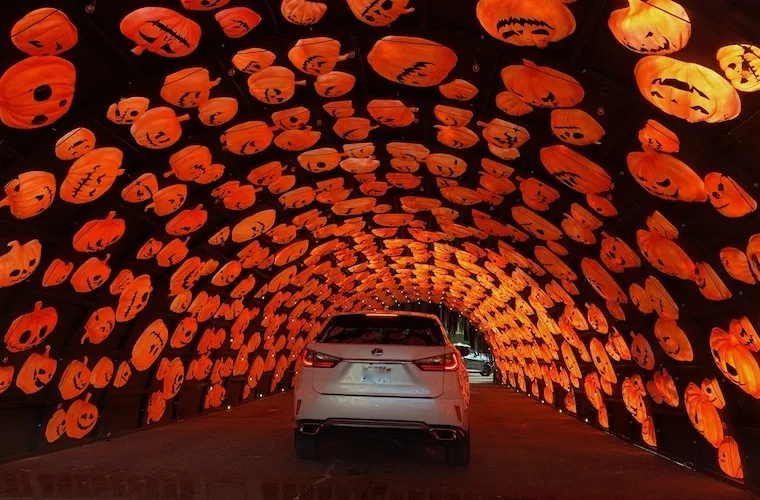 hauntoween drive-through tunnel with pumpkins