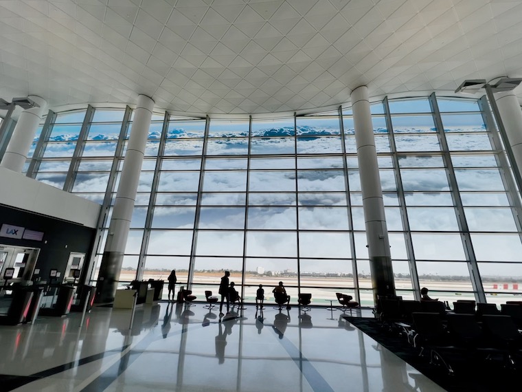 The Friendly Skies by artist Diana Thater depicts clouds in the sky and is painted on the giant windows in the West Terminal at LAX.