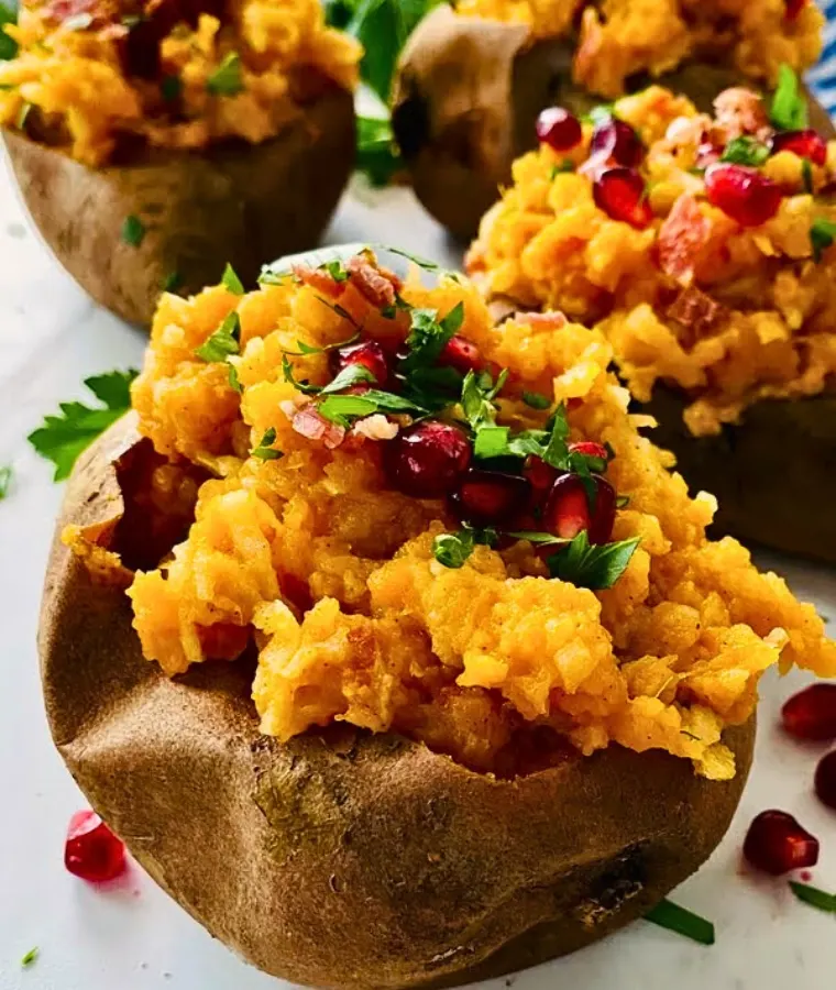 Apple and Bacon Stuffed Sweet Potatoes with Pomegranate