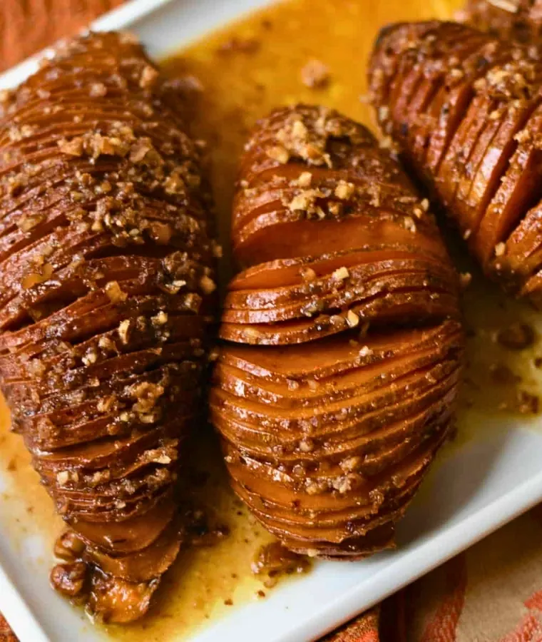 Hasselback Sweet Potatoes (Maple Syrup and Pecans)