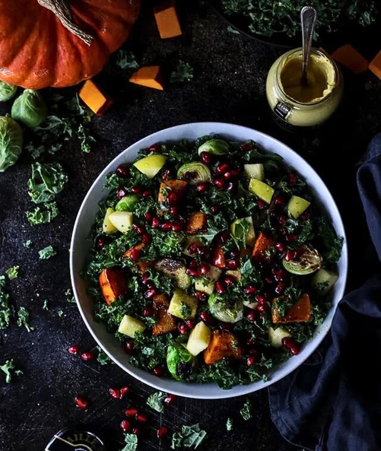 Vegan Fall Harvest Salad with Kale and Pumpkin