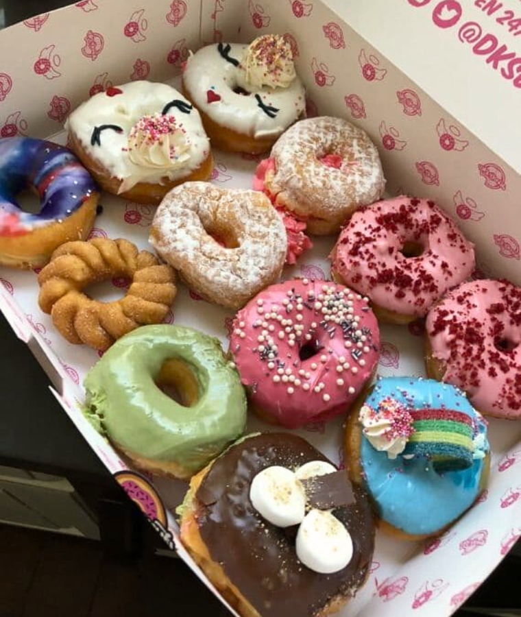 A variety box of DK's Donuts in Los Angeles