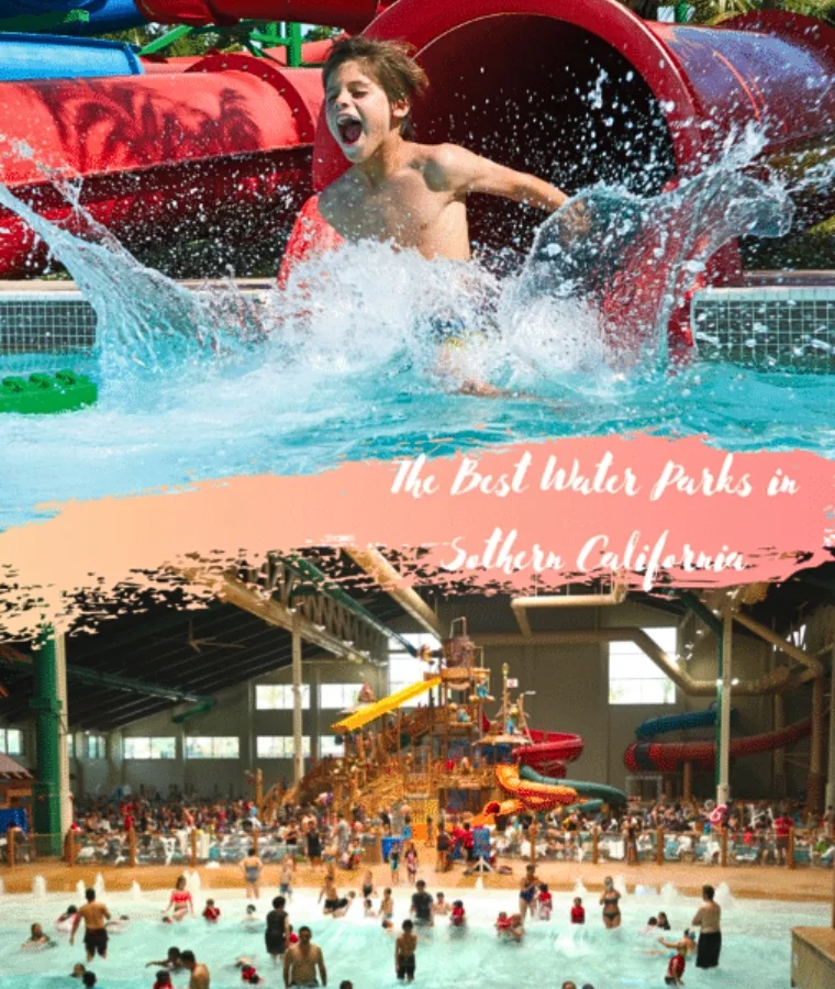 Child exiting a slide tube ending in a splash with the words, "The Best Water Parks in Southern California", and a crowd at an indoor water park