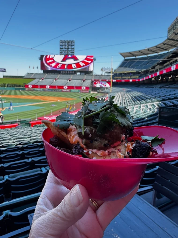 nachos in a souvenir cup at Angel Stadium