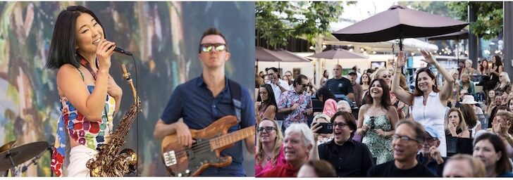 (left) Award-Winning Jazz Icon Grace Kelly returns to the Festival of Arts concert stage Saturday, July 19, 2025. Photo Credit: Darnell Wade. (right) Patrons enjoying the outdoor music series at the Festival of Arts Fine Art Show. Photo Credit: Lily Fassnacht