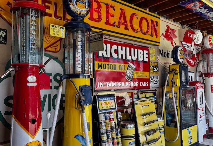 Gasoline pumps and signs at Mendenhall Museum in Buellton